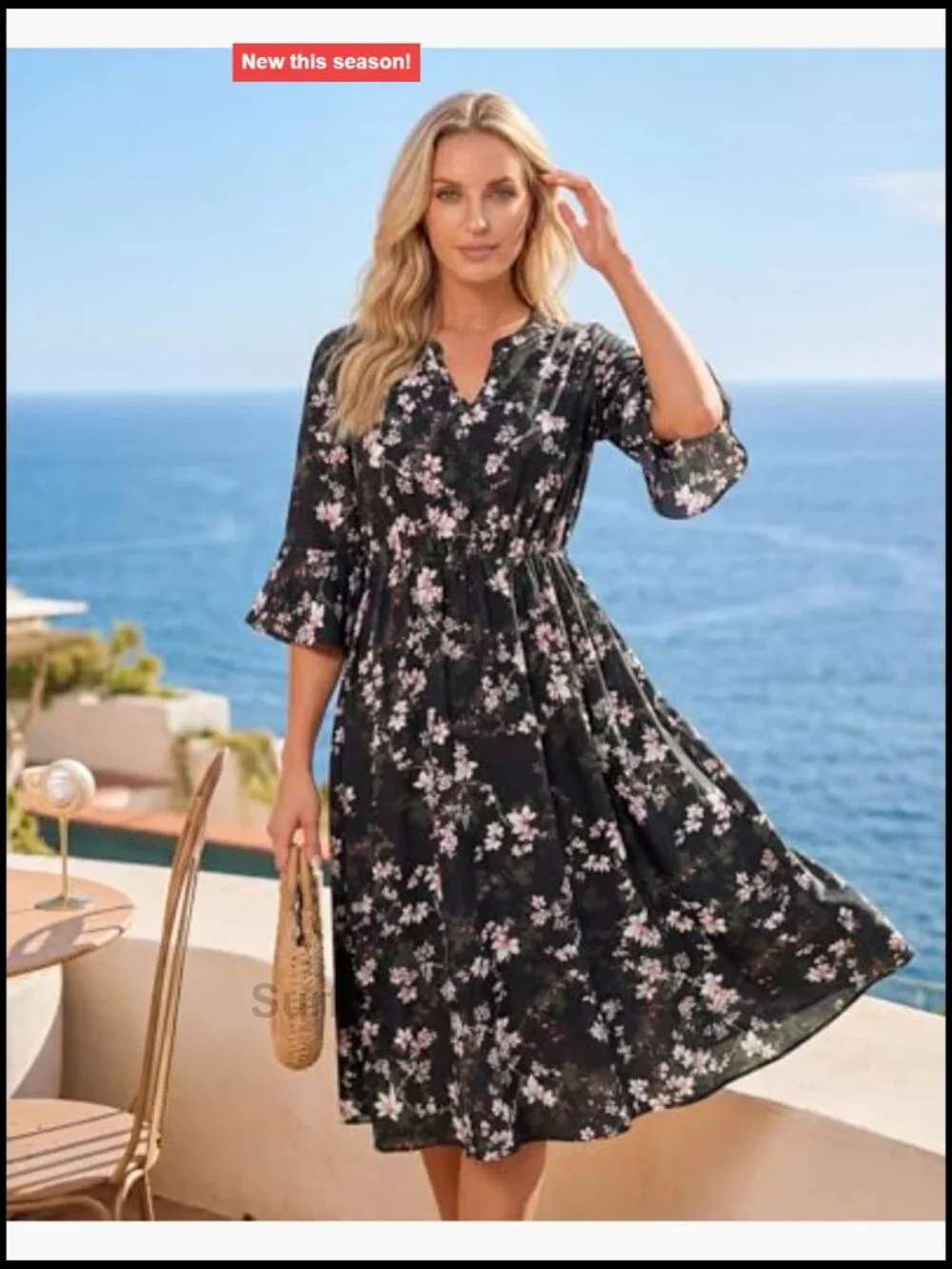 Women's V Neck 3/4 Sleeve Chiffon Floral Midi Dress Casual